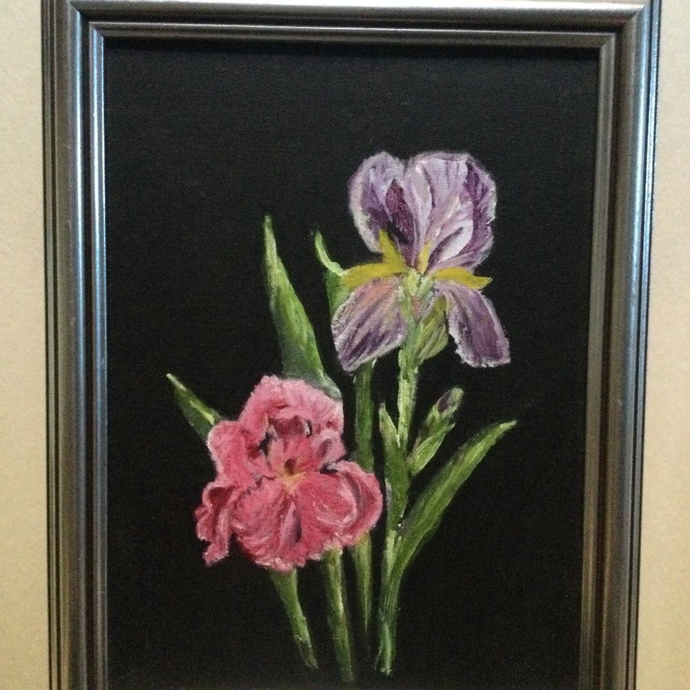 Original painting on canvas board professionally framed purple and pink flowers